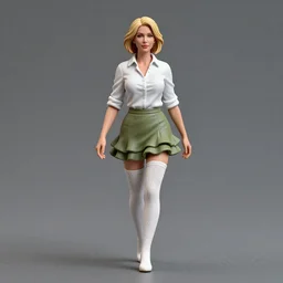 80mm resin detailed miniature of a beautiful mature lady, clothed in white shirt, Ruffled mini skirt, olive skin, short blond hair, arm cover, white knitted tights, beautiful bone structure, symmetrical facial features, Product Introduction Photos, 4K, Full body