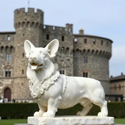 2 white marble sculpture of a corgi , smiling and standing on back legs ,by Michelangelo, in front of ancient castle.