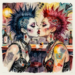 watercolor painting of two bizarre psychedelic punk women kissing each other closeup in a bar in japan, speculative evolution, mixed media collage by basquiat and jackson pollock, maximalist magazine collage art, sapphic art, lesbian art, chemically damaged