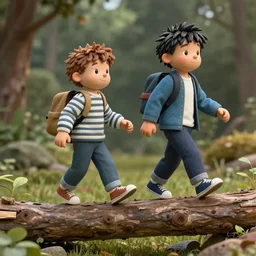 hyperrealistic cgi render of calvin and hobbes walking across a log, extreme detail