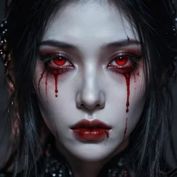 a fancy portrait of lady death with bloodshot eyes by Greg Rutkowski, Sung Choi, Mitchell Mohrhauser, Maciej Kuciara, Johnson Ting, Maxim Verehin, Peter Konig, Bloodborne, macro lens, 35mm, 8k photorealistic, cinematic lighting, HD, high details, atmospheric,