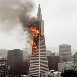 san francisco, transamerica pyramid building on fire, rain, historical photograph