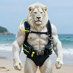aesthetic portrait commission of a  of a male fully furry muscular anthro albino lion  wearing a dripping wet heavy piped neon scuba diving suit behind a beach at golden hour. Character design by charlie bowater, ross tran, artgerm, and makoto shinkai, detailed, inked, western comic book art, award winning film poster painting