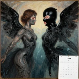 two beautiful female body silhouettes, angels, beautiful marbling acrylic fluid portrait, photography by amy leibowitz, renaissance painting by michaelangelo, matte fresco, black latex female balaclava, female calendar, ballerina body covered with black pattern, underwater, melting glass, close up portrait, cinematic still, film still, magic hour, fashion portrait, black colors, sketch