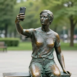 photo still of a bronze statue of a person using an iphone to take a selfie, park on a bright sunny day, 8 k 8 5 mm f 1 6 4 6 5 2