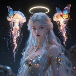 Liminal space in outer space. beautiful princess. human skull jellyfish butterfly phoenix head. burning water. intricate artwork by Tooth Wu and wlop and beeple and dan mumford and greg rutkowski. halo. octane render, cinematic, hyper realism, octane render, 8k, depth of field, bokeh. iridescent accents