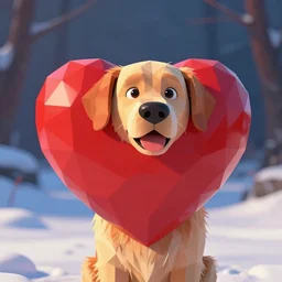 low poly, pixar, love, love, heart, golden retriever dog closeup, magic realism, red, snow, vivid colors by andy kehoe and amanda clarke y shamsia hassani