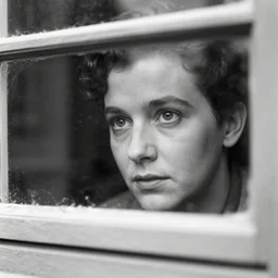 zoomed cropped portrait of a voyeuristic stare of a neighbor through a window, telephoto lens, black and white B&W, vintage photograph, Historical Archive
