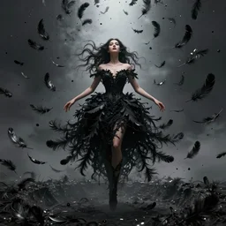 you are cast out from the heavens to the ground, from the pinnacle to the pit, blackened feathers falling down, it is a long way down, romanticized, intricate, delicate, fatale femme, elegant, hyperrealistic, octane render, 4 k, hi res, photoshopped, 4 d cinema, cinematic, theatrical, symmetrical
