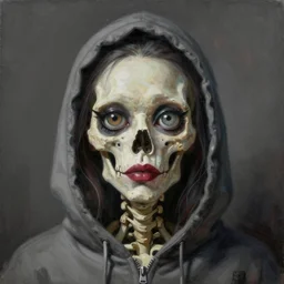 a surrealistic head and shoulder painting of a gorgeous female skeleton with cat eyeballs and lipstick and hoodie, in the style of zdzislaw beksinski, digital art, detailed masterpiece