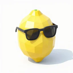 isometric polygon model of a lemon standing vertically and wearing sunglasses