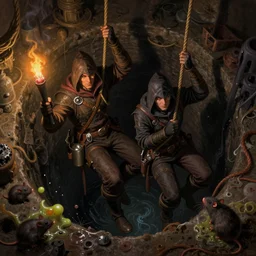 couple of dnd thiefs climb down by hanging rope into sewer waterworks deeps, darkness, black and brown, torchlight, thievery equipment, rats, slime, fogy, shade, fantasy digital art, detailed face, gorgeous, colorfull, amazing, intricate, highly detailed, painting by gaston bussiere, craig mullins