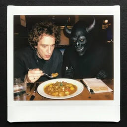 terry pratchett and the grim reaper sharing a curry, polaroid photo