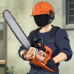 guy with chainsaws as hands and head in the style of anime