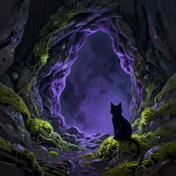 concept art by ismail inceoglu and sparth, cel shaded, cinematic shot, trending on artstation, high quality, brush stroke, vibrant colors, it's raining cats and dogs, silent night, mysterious amethyst mine, glowing moss, lonely atmosphere