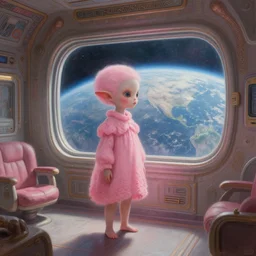 space ship quarters beautiful pink little alien girl, large window showing earth, diffuse lighting, fantasy, intricate, elegant, highly detailed, lifelike, digital painting, cinestill 8 0 0 t 2 0 0 mm, concept art, frank frazetta, marco bucci, loish, rossdraws, artgerm, alphonse mucha