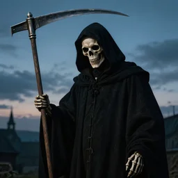 portrait of a veiled skeleton grim reaper holding a scythe at dusk, by Jan van Eyck