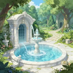 A bathhouse with flowing water in a beautiful elven city made of white marble, anime, lush trees, fountain, a fantasy digital painting by Greg Rutkowski and James Gurney, trending on Artstation, highly detailed