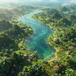 futuristic science - fiction landscape seen from above, summer, green, bay, water, flora and fauna, artificial life, concept art, detailed, dylan cole, james gurney, greg rutkowski, artstation, cgi, octane render, 3 d, unreal engine
