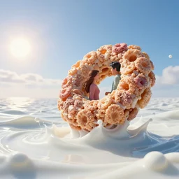side view of a couple oversized huge fruit loops cereal that float in white vitamin d milk ocean. an ocean of gentle rolling waves made of white milk. blue sky morning sun on horizon. digital art, cgsociety award winner, ue 5, 4 k, dramatic lighting, subsurface scatter, hdr, dues ex.
