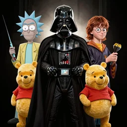 a poster of a film featuring darth vader, rick sanchez, harry potter, and winnie the pooh, poster, award winning, high quality, super detailed, smooth, unsaturated, 8 k