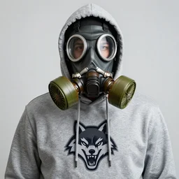detailed conceptual photography portrait random guy using grey hoodie with wolf logo and gas mask