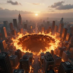 a burning city with a mile - wide hole in the center, very deep, by james paick and craig mullins and dylan cole, matte painting, 3 5 mm lens, early morning sunrise, dramatic lighting, cinematography, game environment design, cinematic, global illumination, highly detailed,
