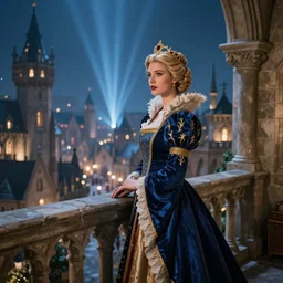 a beautiful queen stands on a balcony overlooking a fantasy medieval gothic city at night, glow rays, 3 5 mm photography
