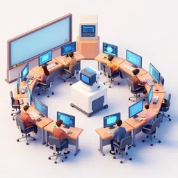isometric octane render of a computer science classroom with a thinking machine in the center