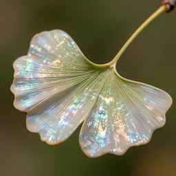 high definition hd photography of a pearly iridescent ginkgo leaf, translucent, refractive and reflective, shimmering.