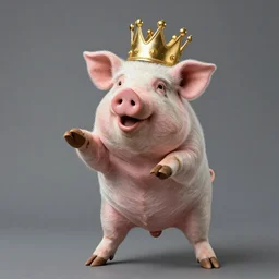 studio photograph of a pig wearing a gold crown depicted as a muppet fighting stance