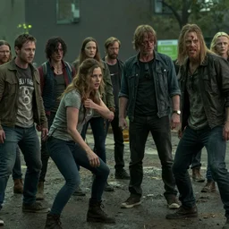 the cast of sout park in the walking dead fighting zombies, movie still, 8 k, from the newest season the walking dead, cinematic lighting, hd