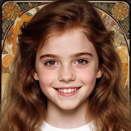 portrait of 1 5 - year - old girl, little smile with large front teeth, hermione, very bushy brown hair, and very bright brown eyes, wearing white shirt, hyper realistic face, beautiful eyes, close up, fantasy art, in the style of greg rutkowski, intricate, alphonse mucha, hyper detailed, smooth