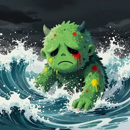 the pain is splattered on the sad monster's green face while huge waves crash against him, water sprays into the air, moody black sky, hints of red and yellow, fantasy, cycles render