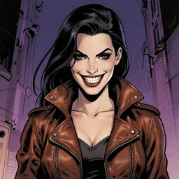 in the style of Rafael Albuquerque comic cover art, Samara Weaving vampire, sharp teeth grin, sarcastic, brown leather jacket