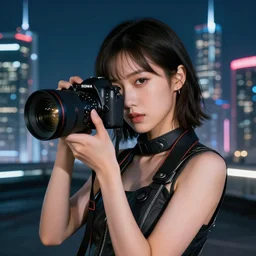 photographic portrait of a techwear woman the camera a bullet, closeup, on the rooftop of a futuristic city at night, sigma 85mm f/1.4, 4k, depth of field, high resolution, full color, award winning photography