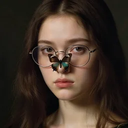 brunette woman with glasses and a butterfly on her nose, sour, a screenshot by ke jiusi, trending on cg society, aestheticism, art, booru, renaissance painting