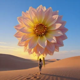closeup giant dahlia flower standing head, girl walking between dunes, surreal photography, sunrise, blue sky, dramatic light, impressionist painting, digital painting, artstation, simon stalenhag