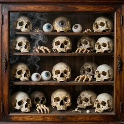 a cabinet of curiosities. skulls. eyeballs. fingers. teeth. hair. eerie smoke. zdzisław beksinski, dariusz zawadzki, greg rutkowski gustave dore caspar