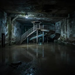 flooded abandoned underground waterpark, liminal space, dark, eerie, creepy, dark lighting, liminal,