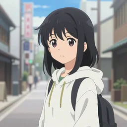 black haired girl wearing hoodie, city, anime fantasy artwork, kyoto animation, key visual