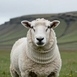 portrait photo of a sheep wearing a sweater, iceland, grey sky, green hills, taken by Nikon, movie still,