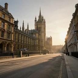 empty streets of destroyed neo - gothic london, sunrise, dusty roads, hyperdetailed, artstation, cgsociety, 8 k