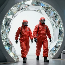 two scientists wearing h. r. giger inspired red hazmat suits entering bright geometric crystal portal by frank frazetta
