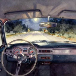 watercolor, vintage 7 0 s neon car interior pov at night by colin campbell cooper by andrew atroshenko, a car dashboard pov from inside at night, moon rays create shadows on the car walls, low light, impressionist watercolor by john la farge and, cinematic, watercolor art by bruce pennington