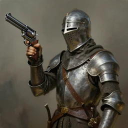 A medieval knight without his great helm, holding a .44 Magnum handgun, painted by Craig Mullins, trending on ArtStation