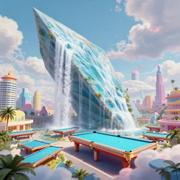 huge gargantuan angular dimension of infinite poolroom liminal spaces, buildings by escher and ricardo bofill. utopian landscape by roger dean. magical realism, surrealism, waterfalls, clouds, mallsoft, vaporwave, trending on artstation, shot from below, epic scale