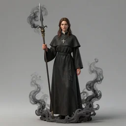 Hyperrealistic beautiful detail matte 3d painting of a very beautiful priest with spear of darkness and dark smoke aura by ellen jewett, dan Mumford, beeple, Alex grey, monia merlo, Miho Hirano tomasz alen kopera and Justin Gerard
