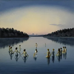 A vintage scientific illustration from the 1970s of a choreography for people floating over the lake at dusk by René Magritte