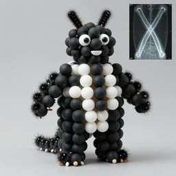 realistic object photo of body made of black and white ping pong balls, hairy fluffy caterpillars, readymade, dadaism, fluxus, man ray, x - ray, electronic microscope 1 9 9 0, life magazine photo
